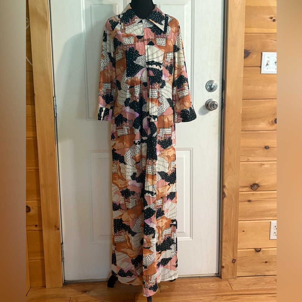 Vintage 70s Abstract Patchwork Print Maxi Dress House Dress USA Made M